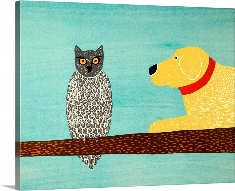 Illustration of a yellow lab laying on a tree branch next to an owl.