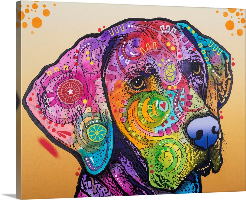 Pop art style painting of a Labrador with different colors and abstract designs on an orange background.