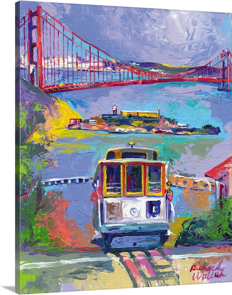 Painting of the San Francisco bay and Golden Gate Bridge in the distance from a city street with a trolley in it.