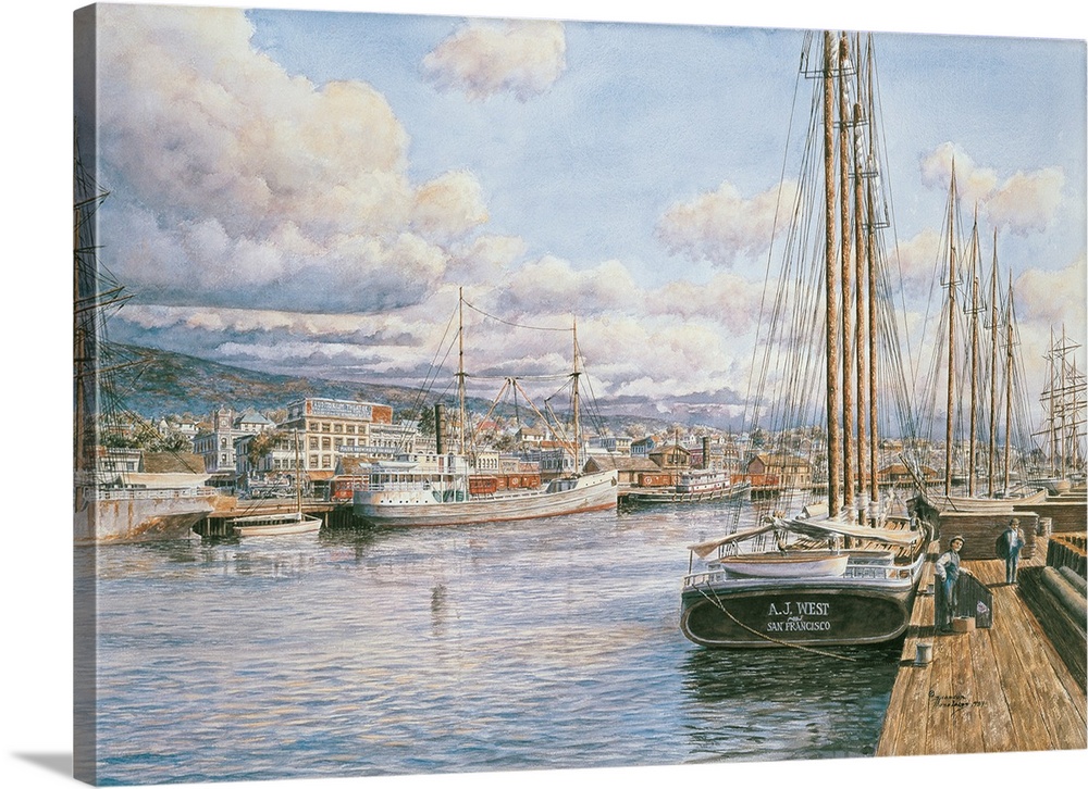 Contemporary painting of a harbor filled with ships and fishing boats.