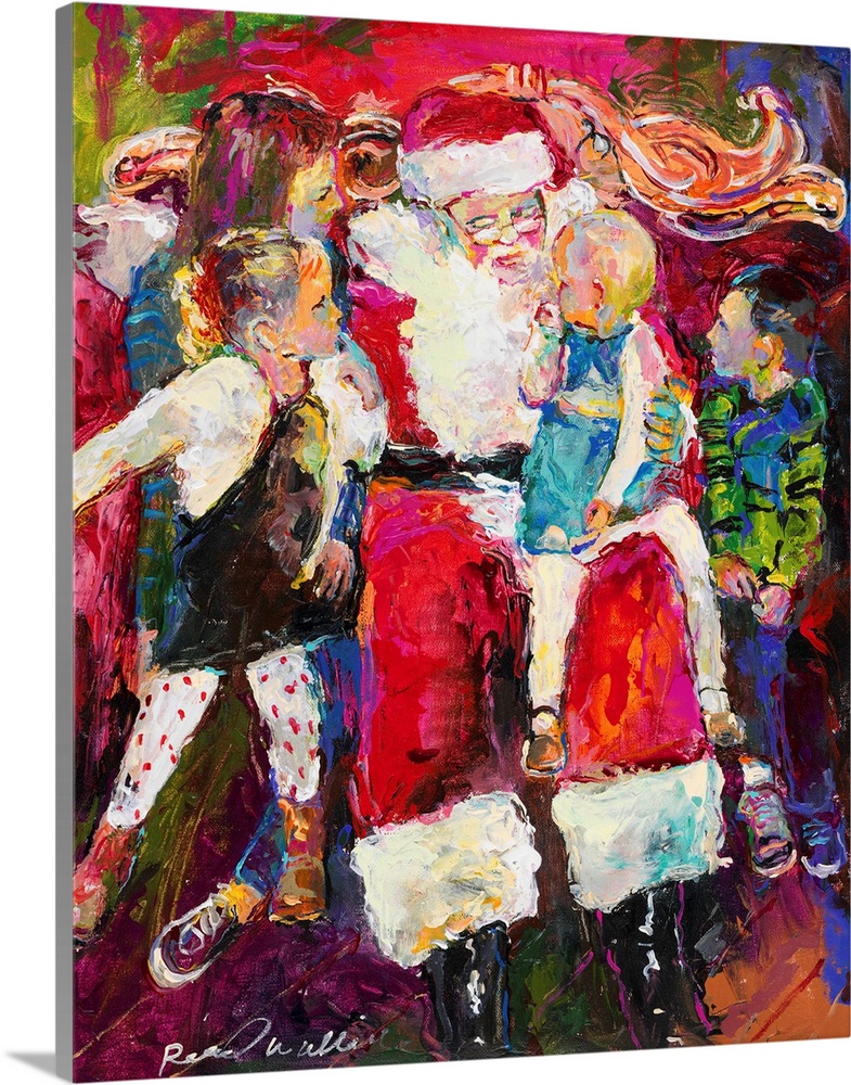 Contemporary painting of children on Santa's lap telling him what they want for Christmas.