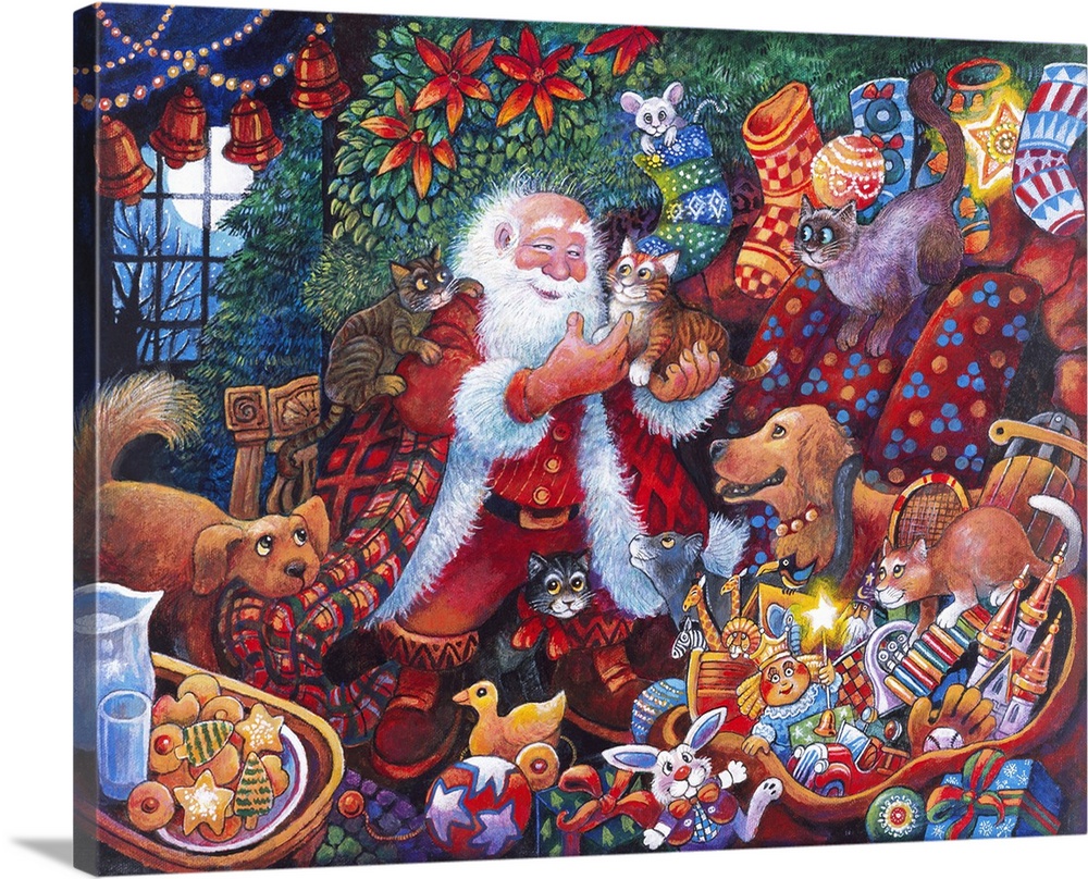 Santa with lots of toys and dog holds kitten.