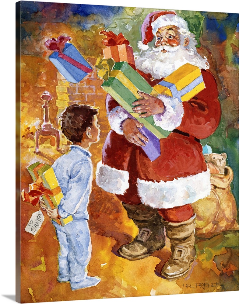 Contemporary artwork of Santa Claus carrying several wrapped presents for a young boy, who has a gift of his own for Santa.