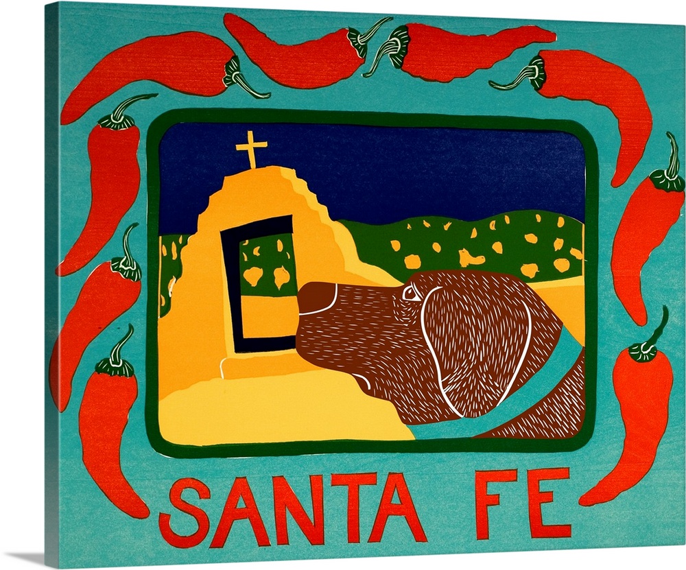 Illustration of a chocolate lab in Santa Fe framed in a blue frame with red chilies on it and the word "Santa Fe"