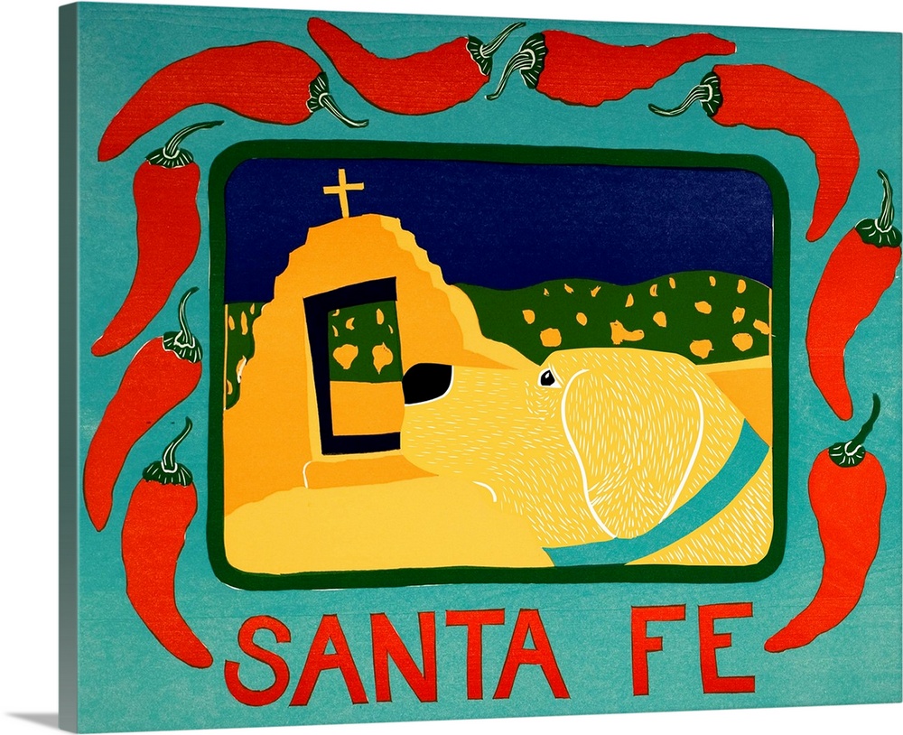Illustration of a yellow lab in Santa Fe framed in a blue frame with red chilies on it and the word "Santa Fe"