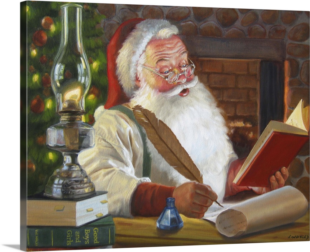 Santa Claus with a large quill, looking at a book and writing a list.