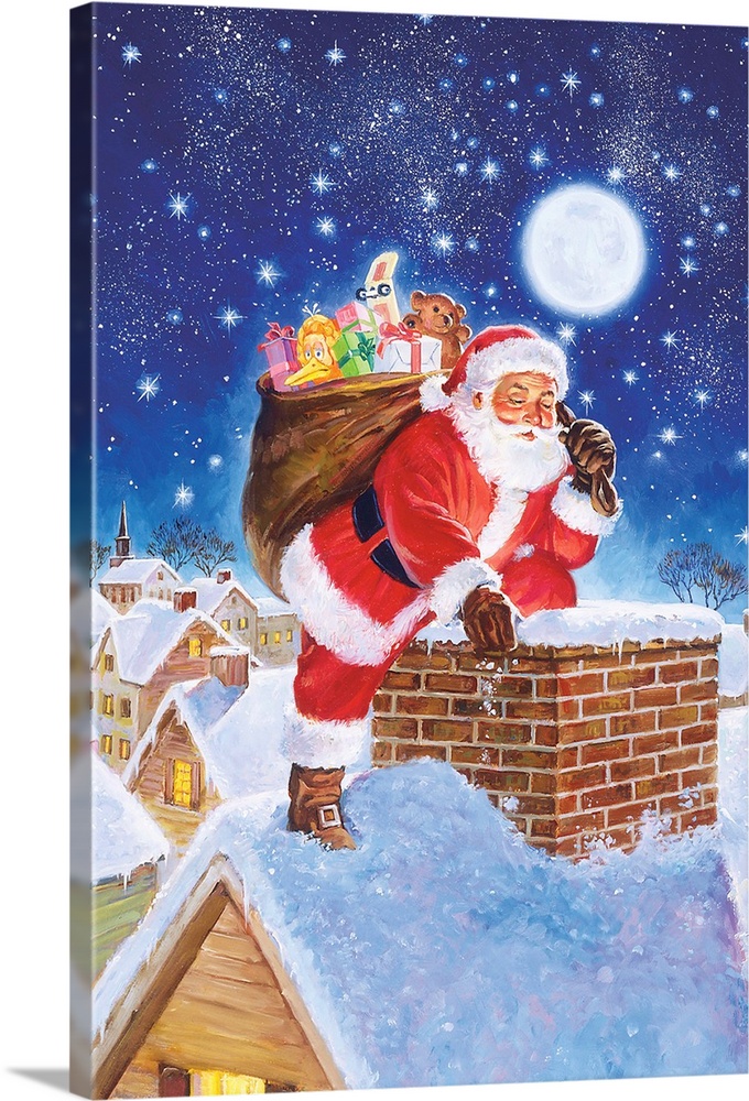 Santa, making his way down a chimney with a sackful of presents.