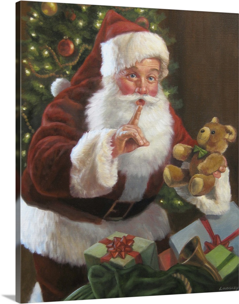 Santa Claus with a large bag of presents, holding a teddy bear.