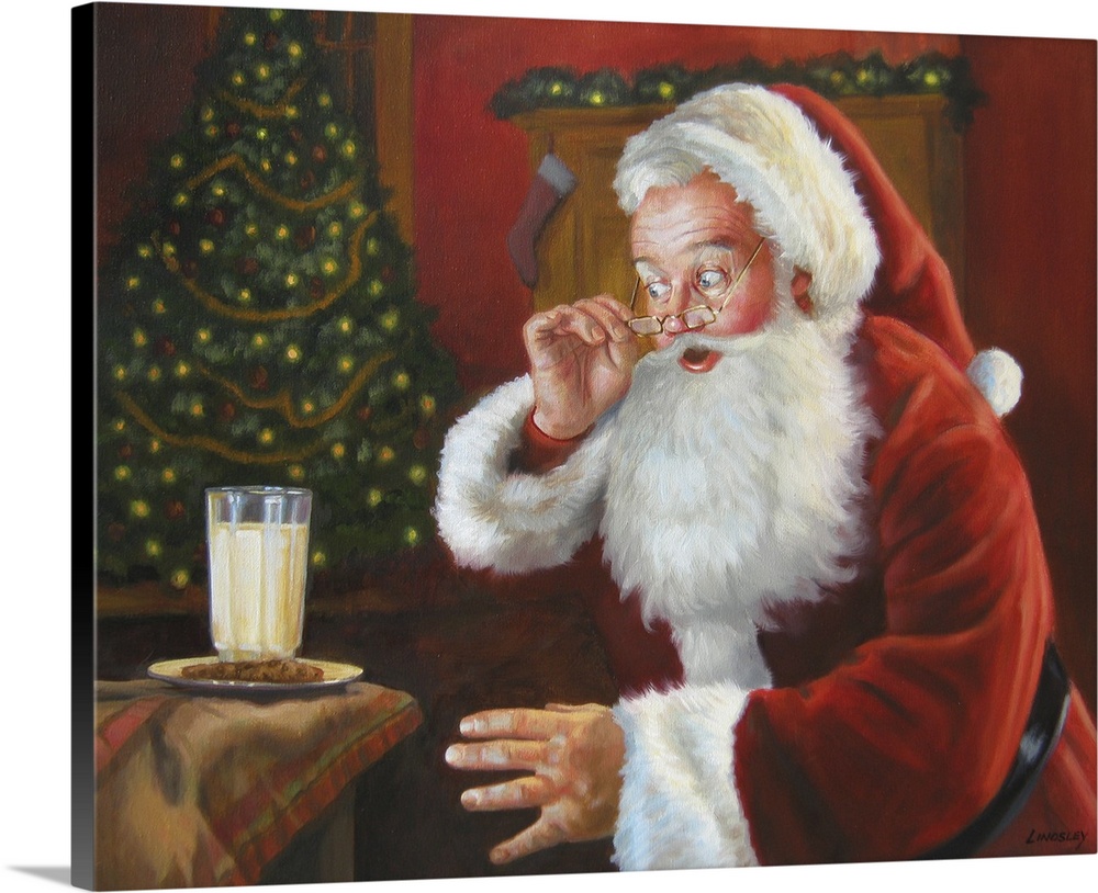 Santa Claus eyeing some milk and cookies left out for him.