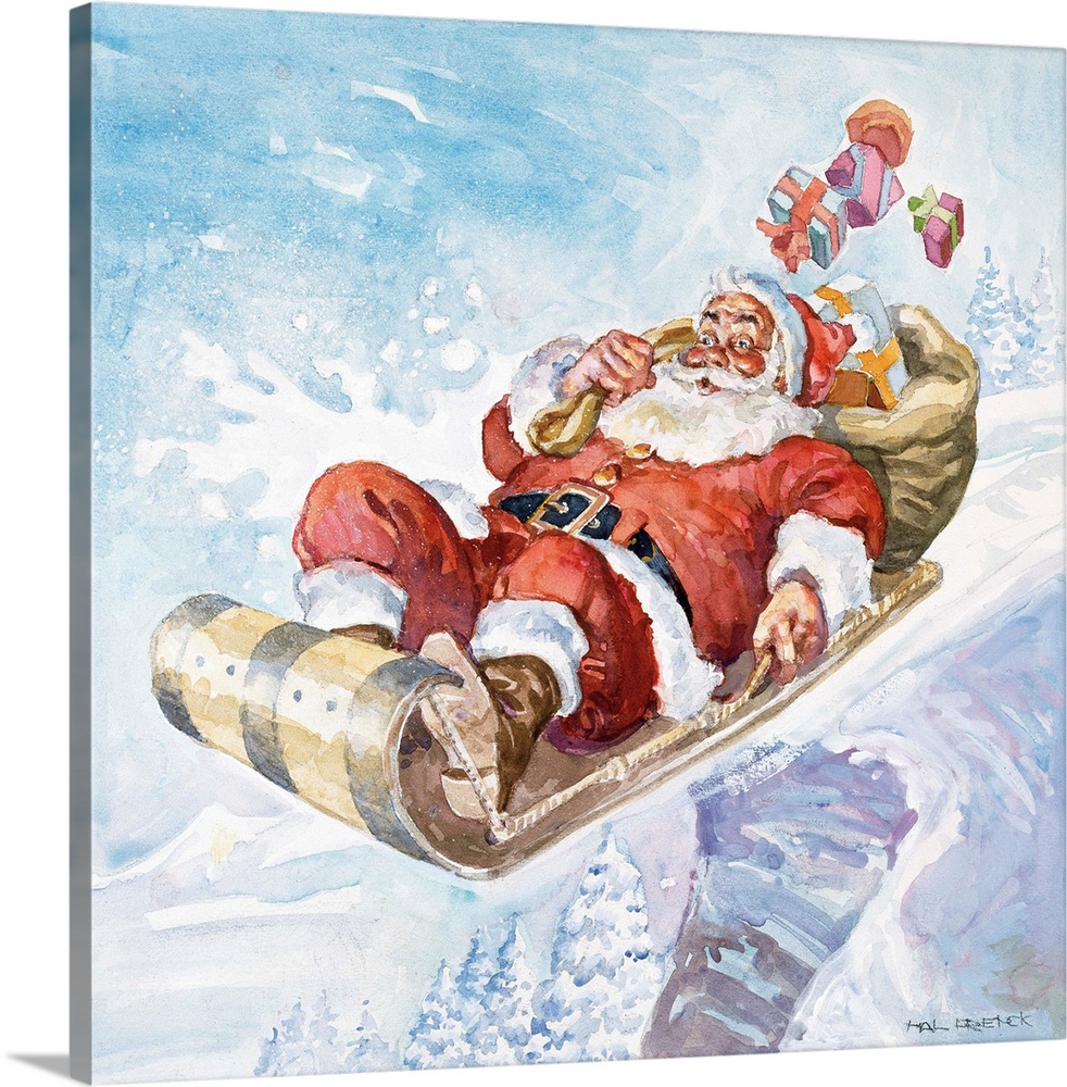 Santa with bag of presents on toboggan going over cliff