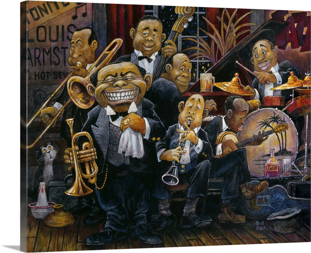 Caricature of Louis Armstrong with jazz band in club.
