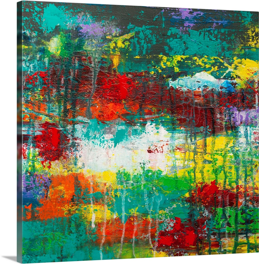 Contemporary abstract in vivid rainbow colors with dripping paint.