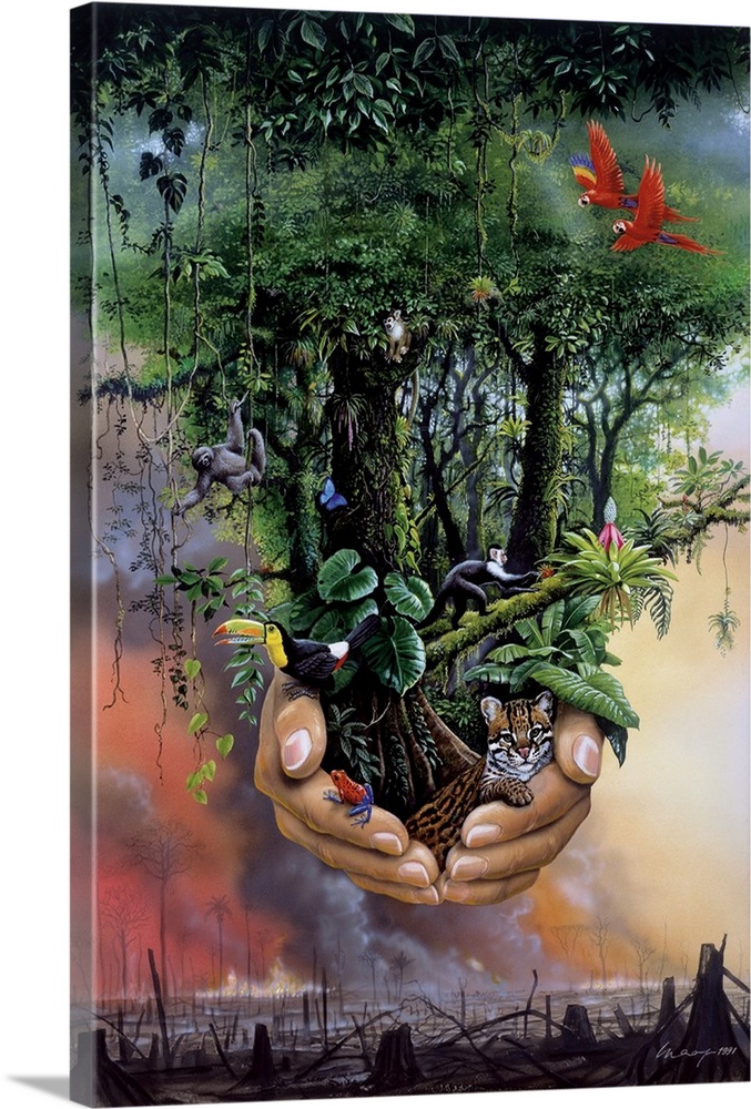 Protective hands cradle the rain forest; beneath the hands there is a burned landscape, all that is left of a former rain ...