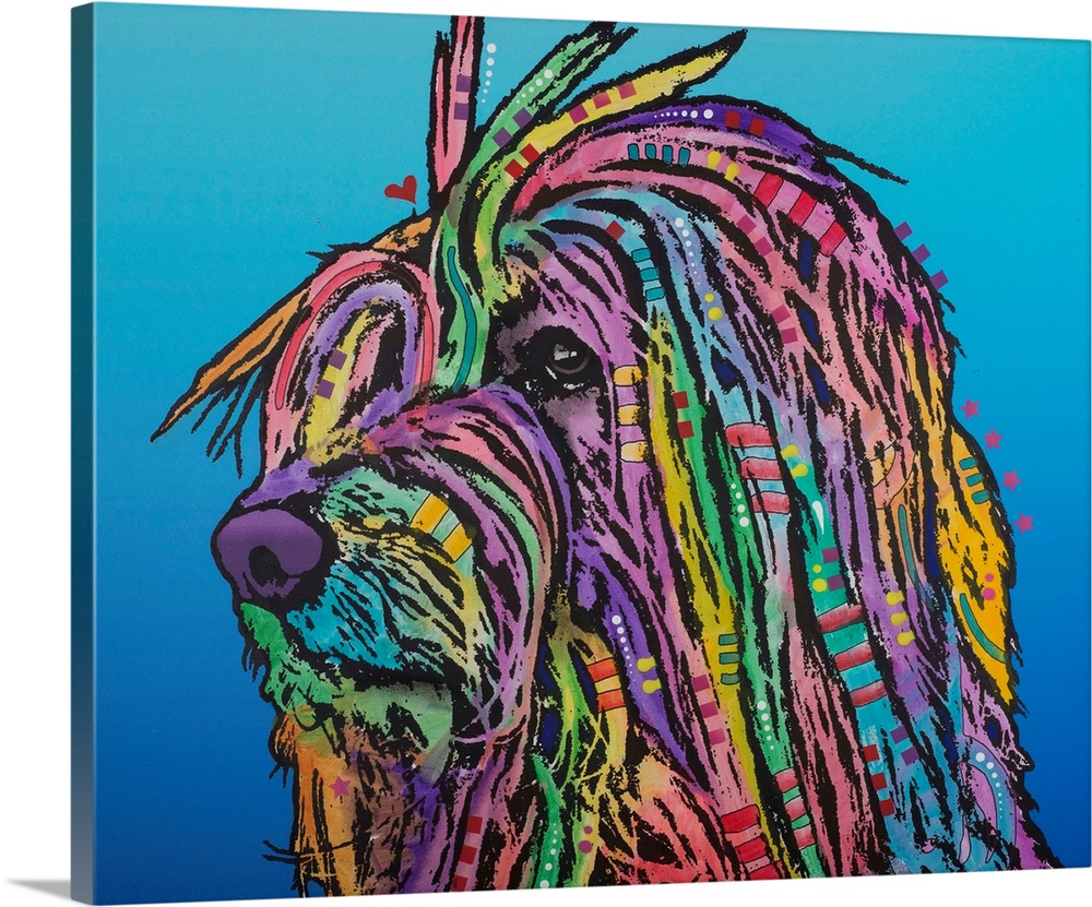 Pop art style painting of a colorful dog with long hair and graffiti-like designs on a blue gradient background.