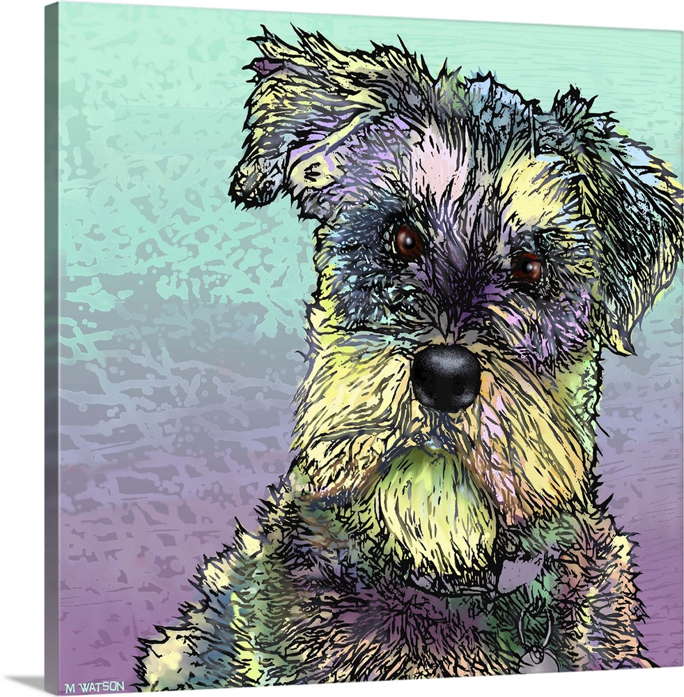 Contemporary colorful artwork of a dog against a colorful background.