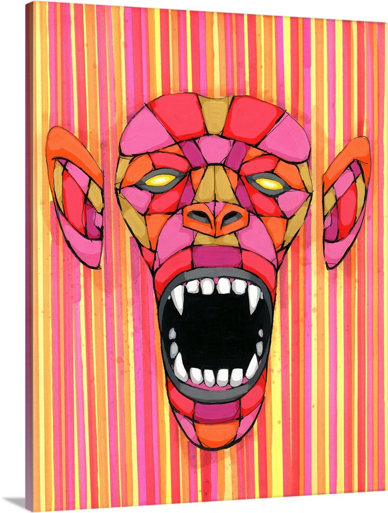 Geometric painting of a monkey face with a striped background in shades of pink and yellow.
