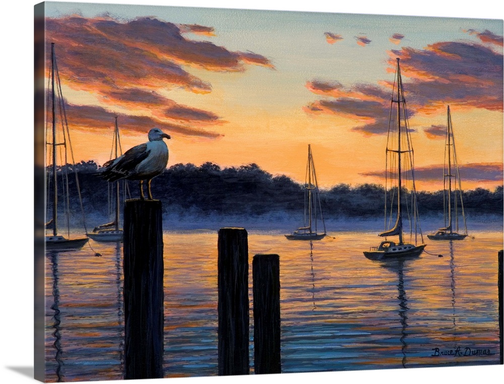 Contemporary artwork of seagull and sailboats at sunset.
