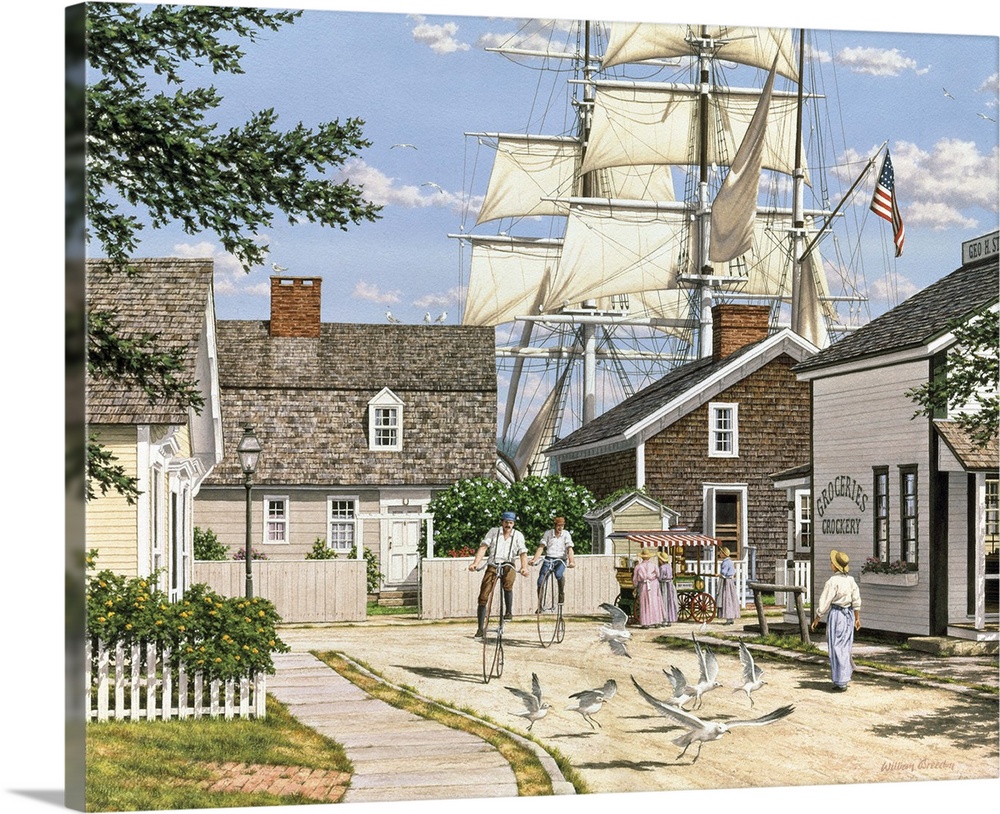 Connecticut port landscape with tall ship masts in the background above the building tops.