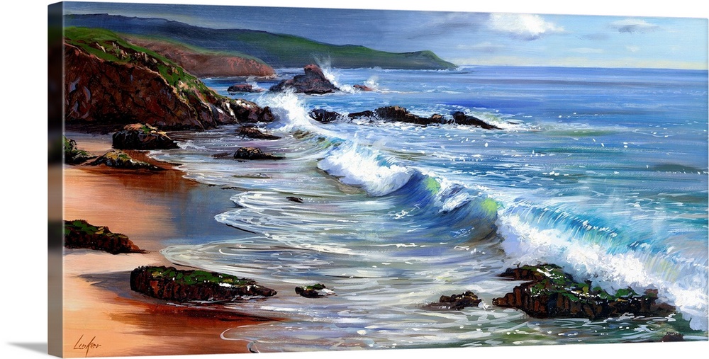 Contemporary painting of waves from the ocean crashing on a rugged coastline.