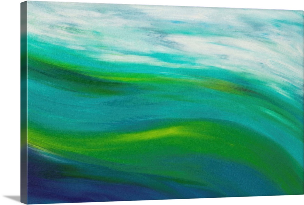Contemporary abstract resembling rushing water in cool blue and green tones.