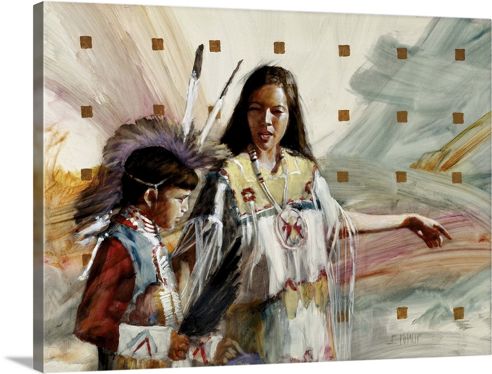 Contemporary western theme painting of two Native American children.