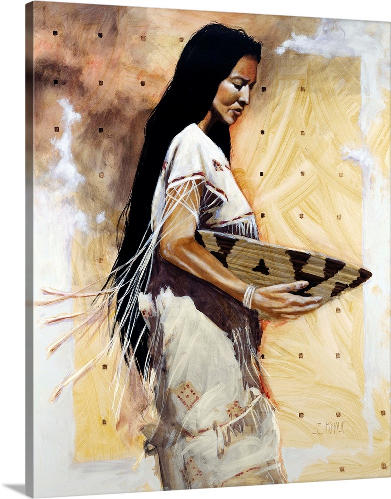 Contemporary western theme painting of a traditionally dressed native American woman.