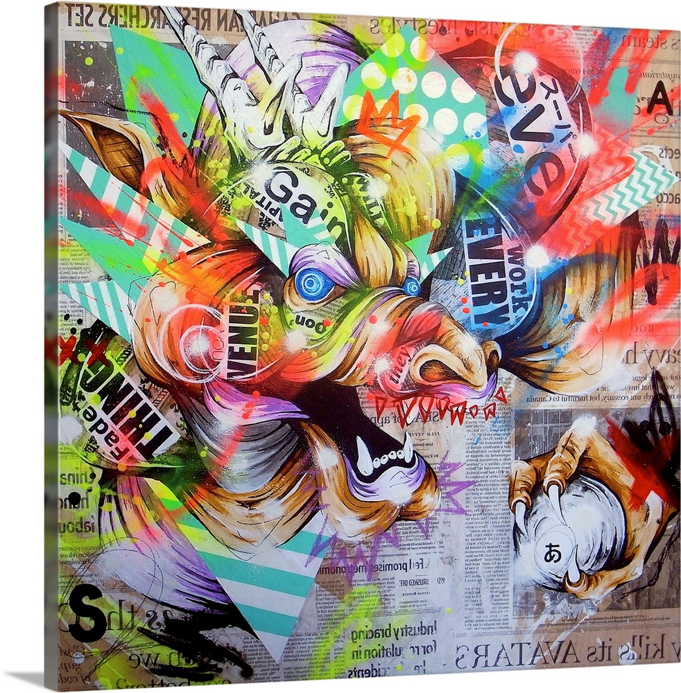 Contemporary artwork with a vibrant urban art feel, using wild colors and shapes.