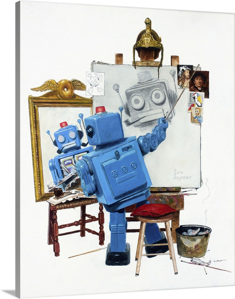 A contemporary painting of a blue retro toy robot painting himself while looking into a mirror recreating a famous painting.