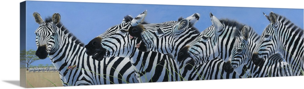 Contemporary painting of a herd of zebras.