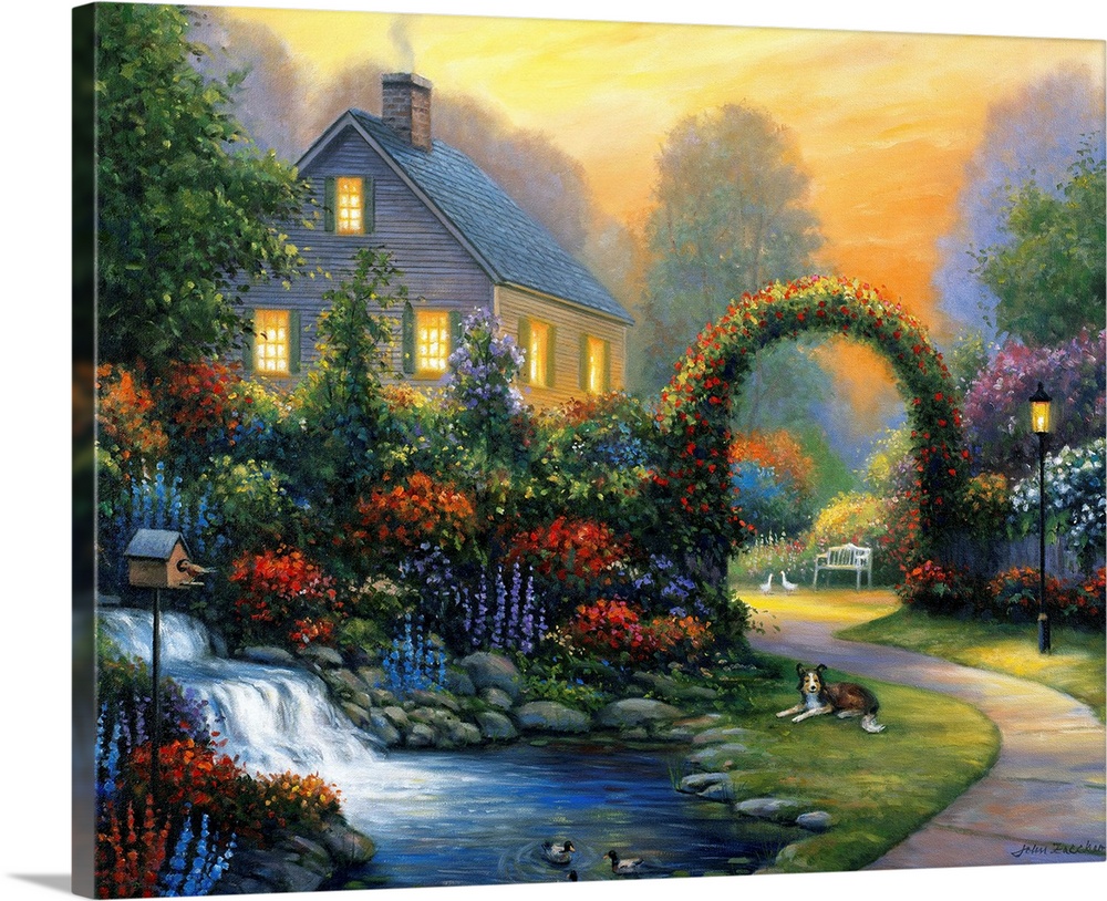 cottage at dusk, surrounded by colorful flower gardens, a stream w/waterfall and a collie in the grassspring
