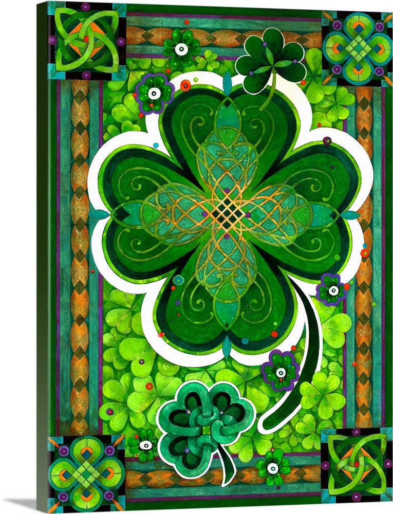 Contemporary artwork of bright green shamrocks against an elaborate and decorative background.