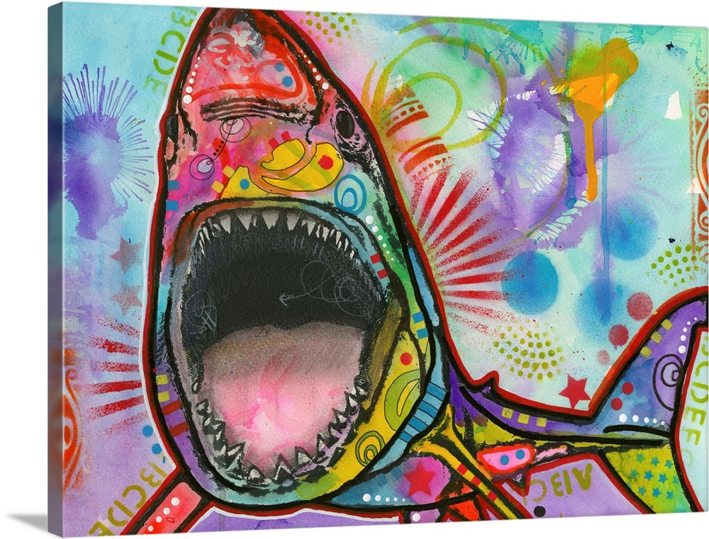 Playful illustration of a shark with its mouth wide open, made with different colors and fun designs.