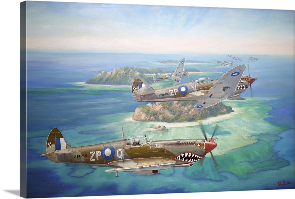 Contemporary painting of military planes in the heat of battle.