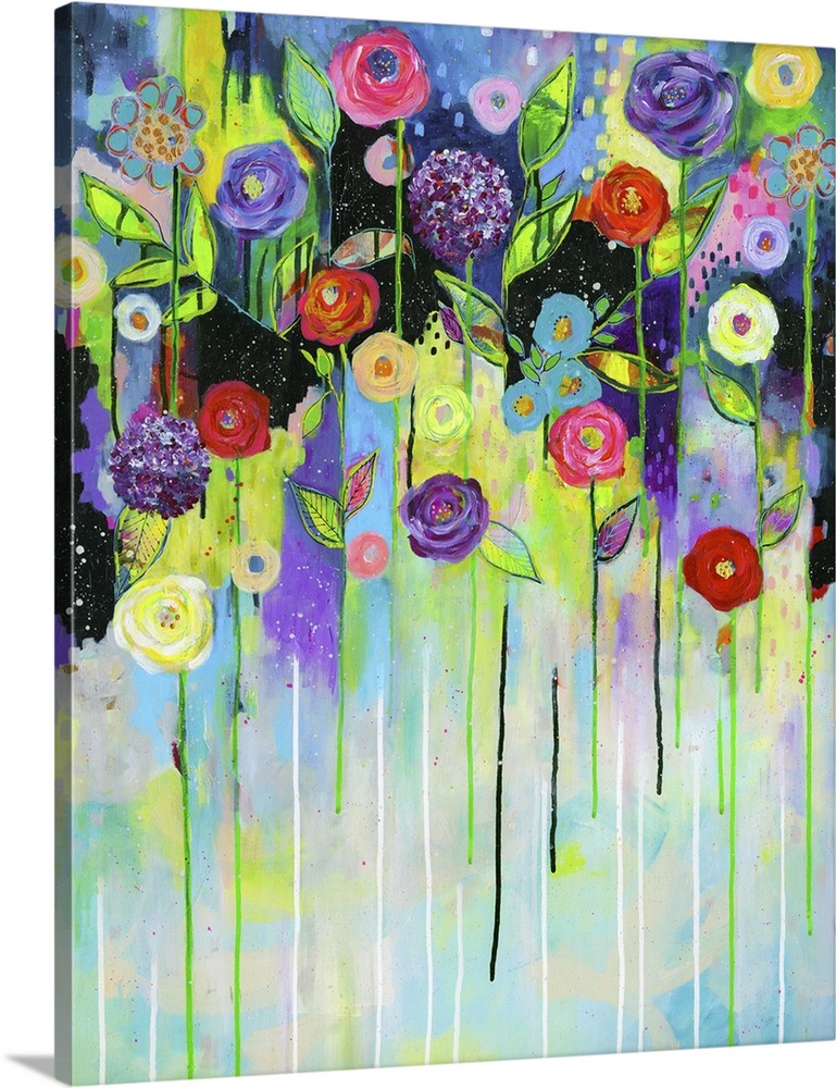Contemporary painting with vibrant flowers at the top with stems and paint dripping down to the bottom on a colorful, abst...