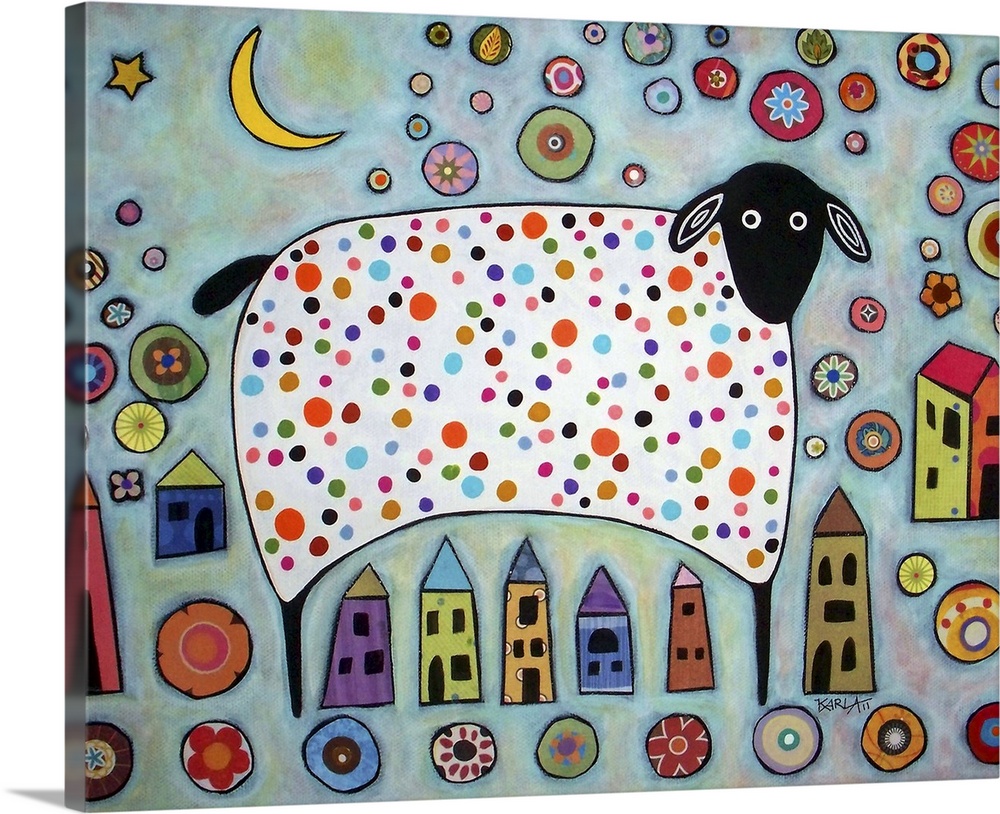 Contemporary painting of a woolly sheep with small buildings and a crescent moon.