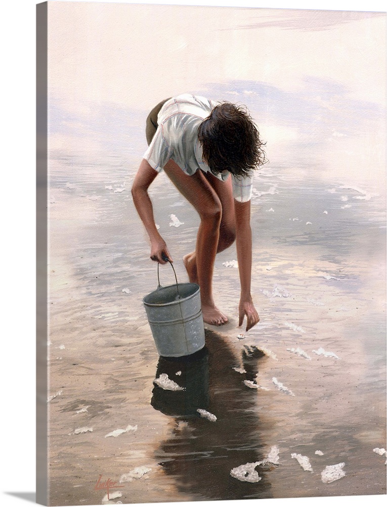 Child holding bucket crouching in water to retrieve shell.