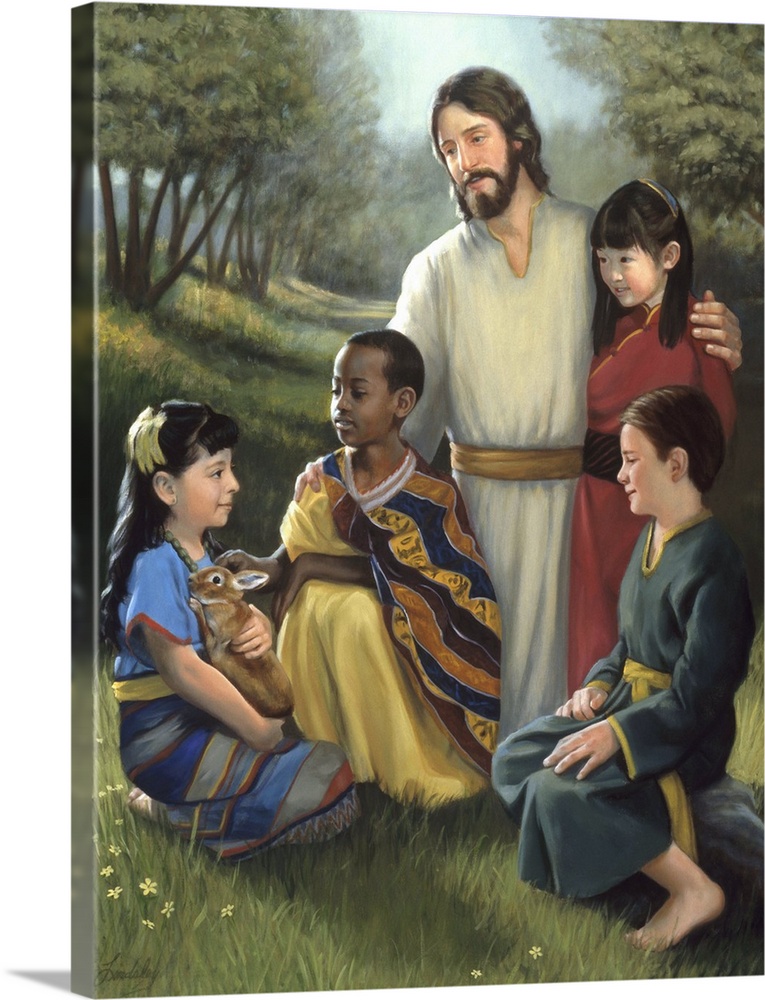 Jesus with children of different ethnicities gathered around him.