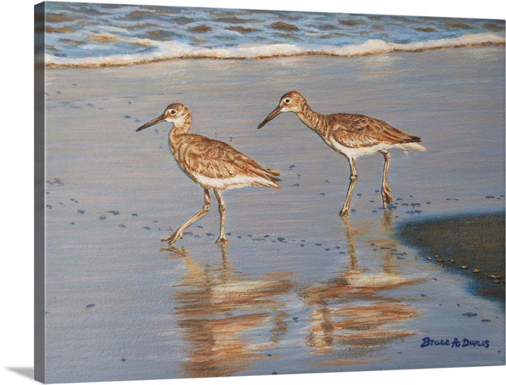 Contemporary painting of two sandpipers walking along the shoreline.