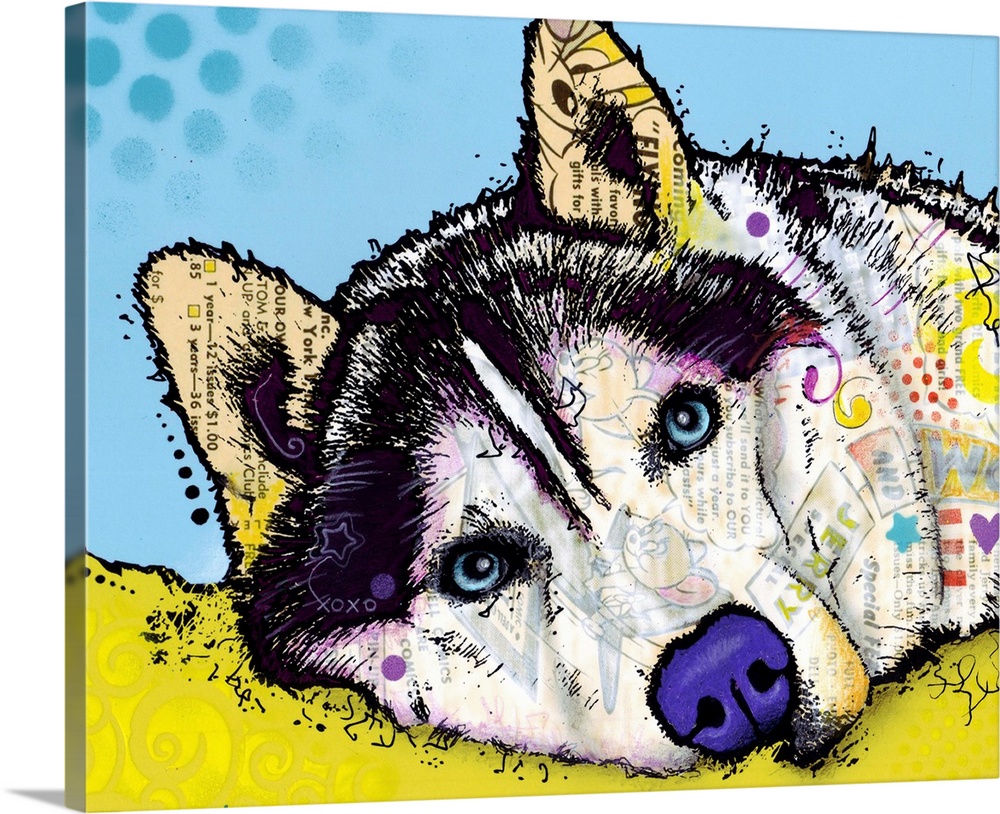 Horizontal artwork on a giant wall hanging of the face of a Siberian Husky lying down, graphically illustrated and decorat...