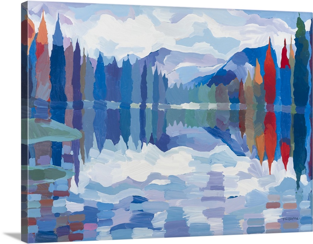 Colorful abstract landscape with trees and mountains lining a lake.