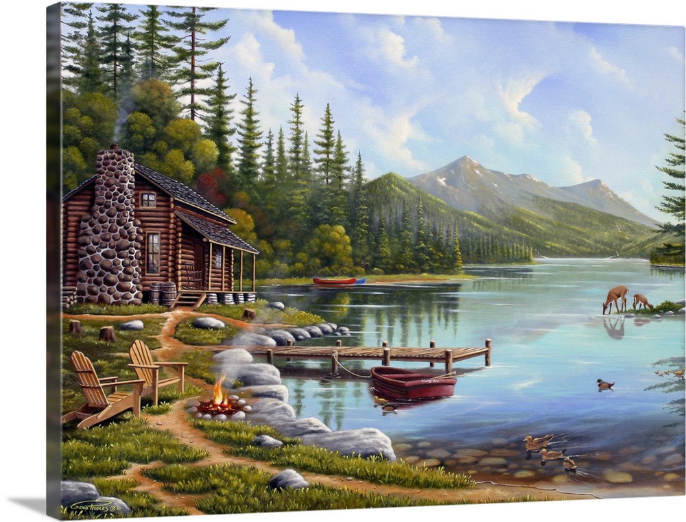 A contemporary painting of a serene cottage lake scene.