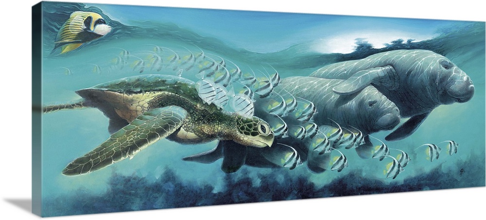 A contemporary painting of a cross section view of marine life.