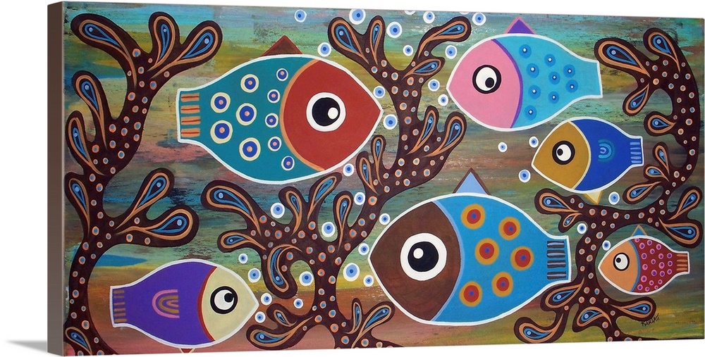 Contemporary painting of six colorful fish with big eyes swimming among algae.