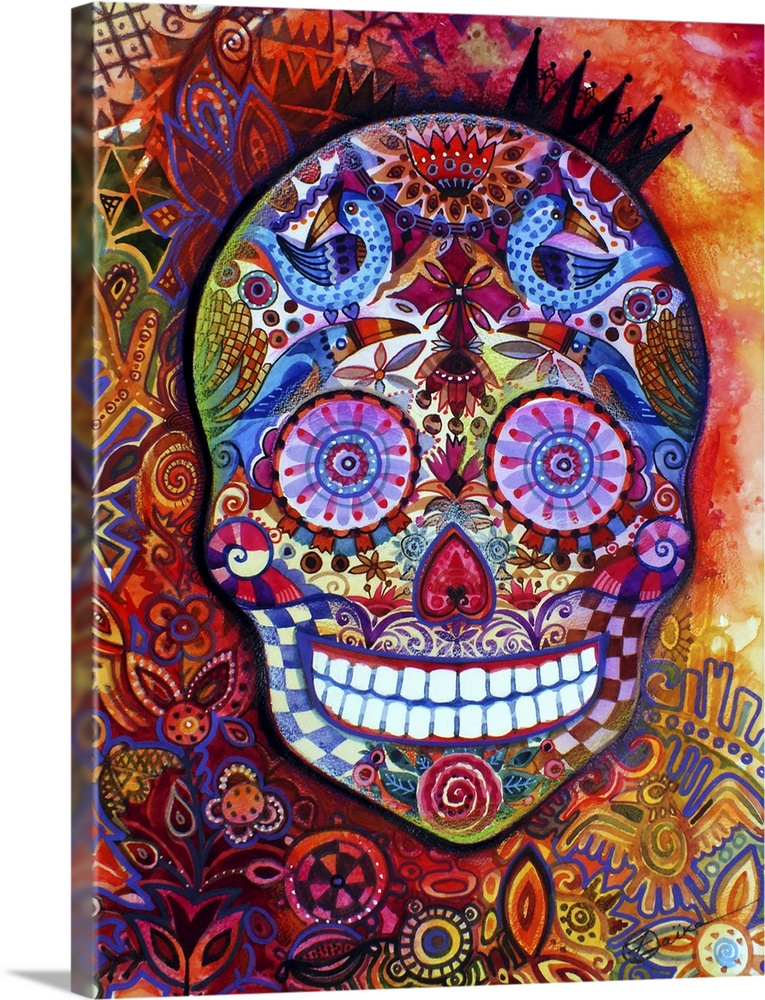 Watercolor painting of a brightly patterned Day of the Dead sugar skull.