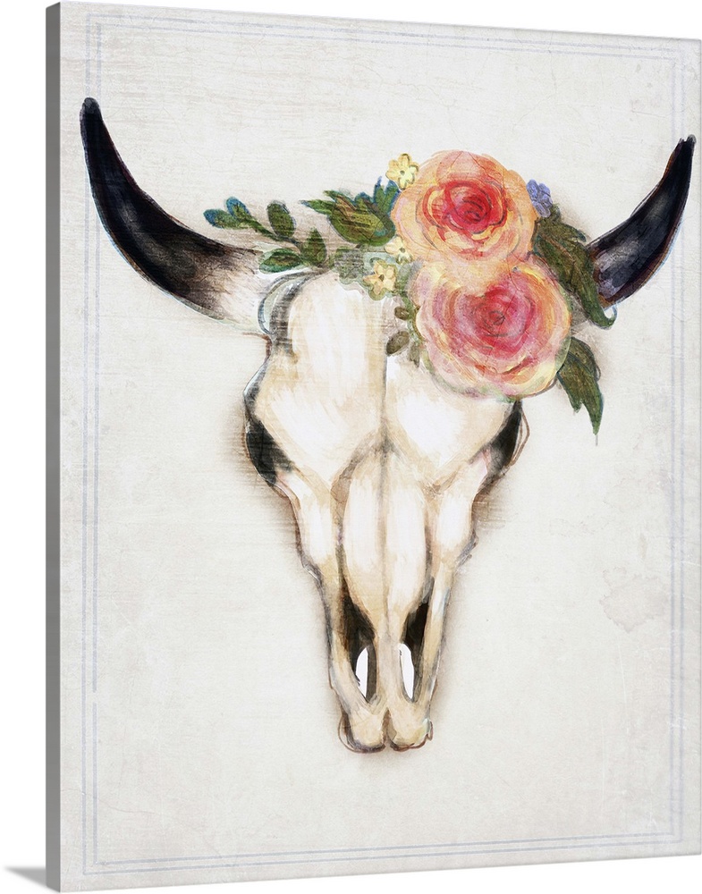 Decorative digital art piece of a bull skull with flowers on the top.