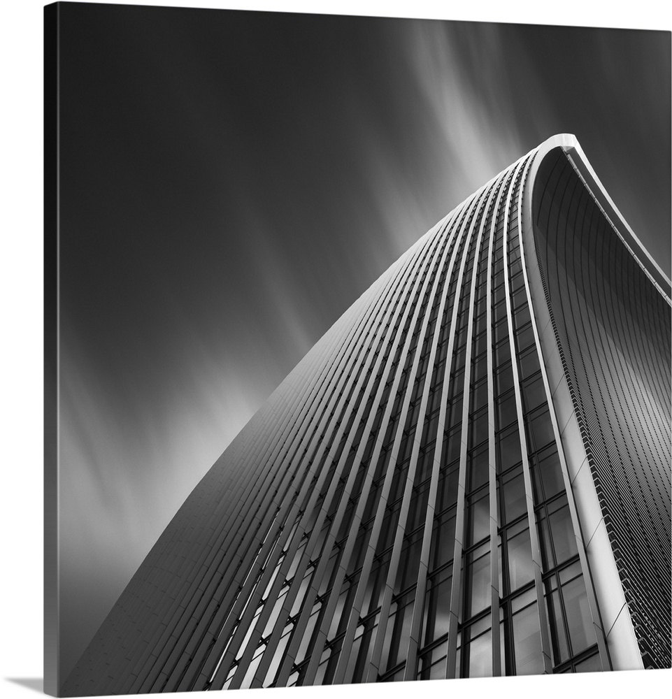 A black and white photograph of an organically curved facade of a building.