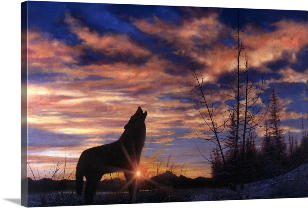 Contemporary artwork of a wolf howling up into the sky as the sun sets on the day.