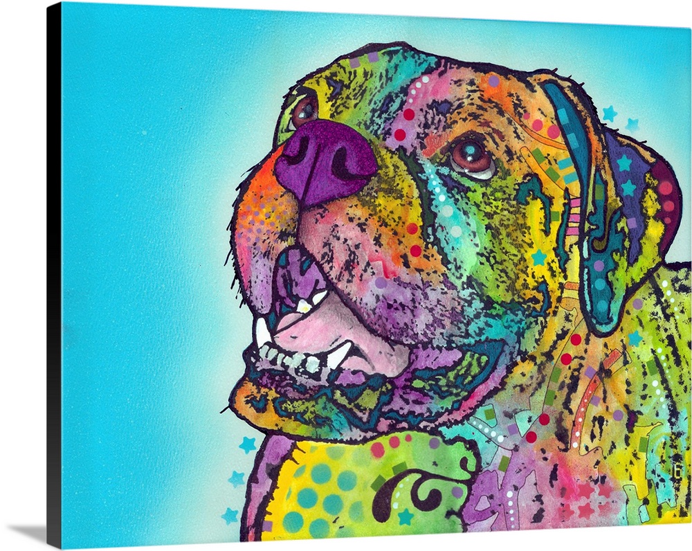Contemporary stencil painting of a smiling boxer filled with various colors and patterns.