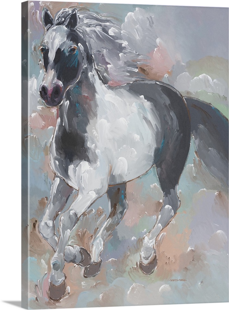 Contemporary painting of a black and white galloping horse with pops of blue on a colorful pastel background.