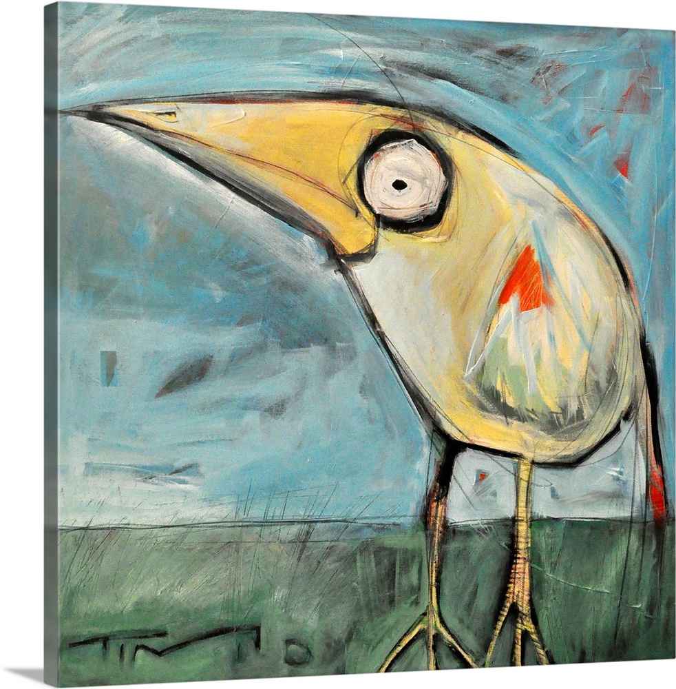 A cartoonish painting of a stylized bird on a square shaped canvas by a contemporary artist.